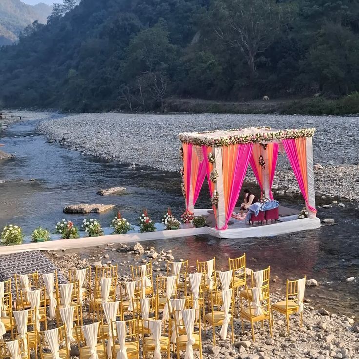 Pastel Mandap Wedding Setup by the Ganga